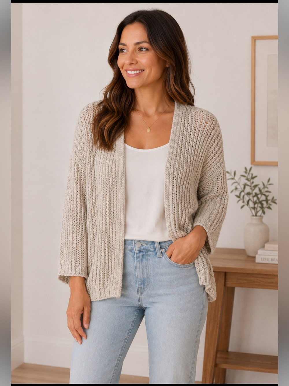 Open-Front Lightweight Cardigan in Light Gray